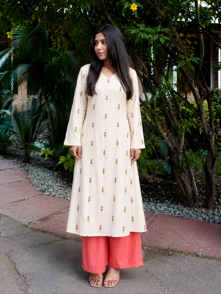 Women Floral Printed Kurta & Coral Palazzo Set (KPCREAMHEAT)
