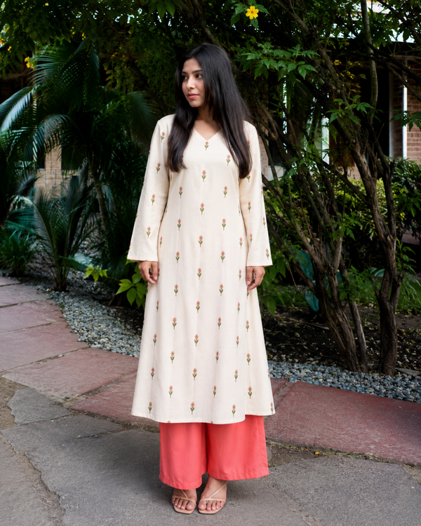 Women Floral Printed Kurta & Coral Palazzo Set (KPCREAMHEAT)