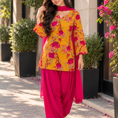 Mustard Yellow Floral Cotton Kurta Set with Rani Pink Dhoti Salwar & Chiffon Dupatta (KSDYELLOWLEMON)