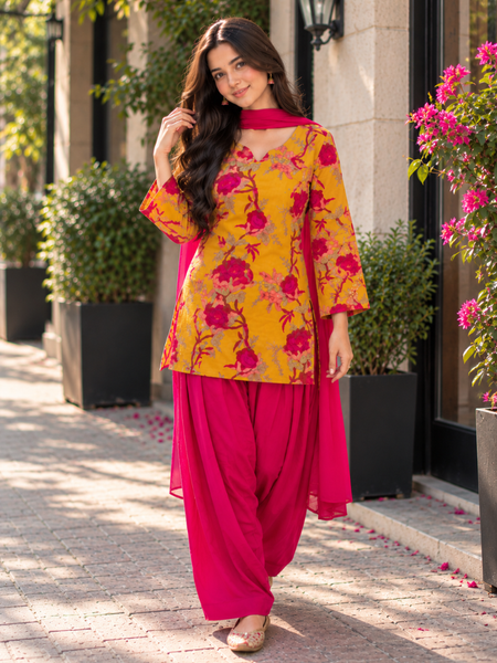 Mustard Yellow Floral Cotton Kurta Set with Rani Pink Dhoti Salwar & Chiffon Dupatta (KSDYELLOWLEMON)