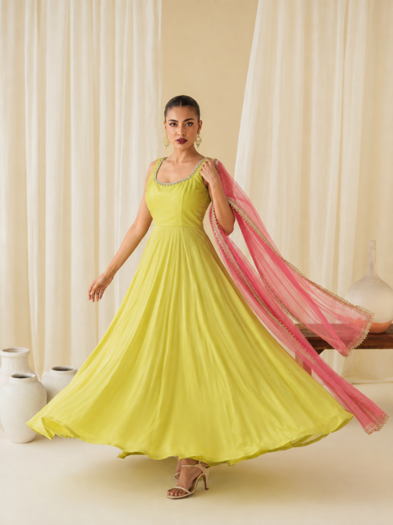 Lime Green Embellished Anarkali Suit Set for Women (KPDGREENMASTANI)