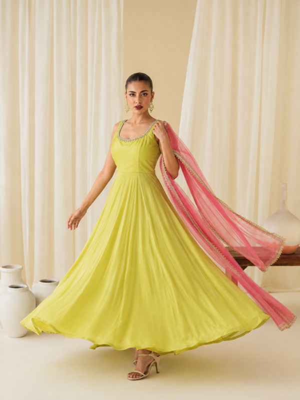 Lime Green Embellished Anarkali Suit Set for Women (KPDGREENMASTANI)