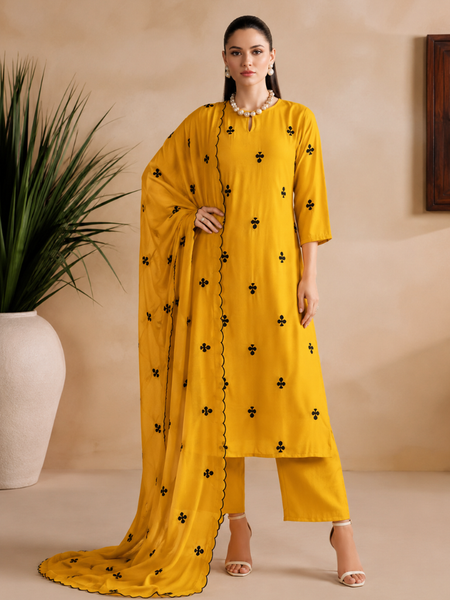 Mustard Yellow Embroidered Kurta Pant Set with Dupatta (KPDYELLOWGEETAN)