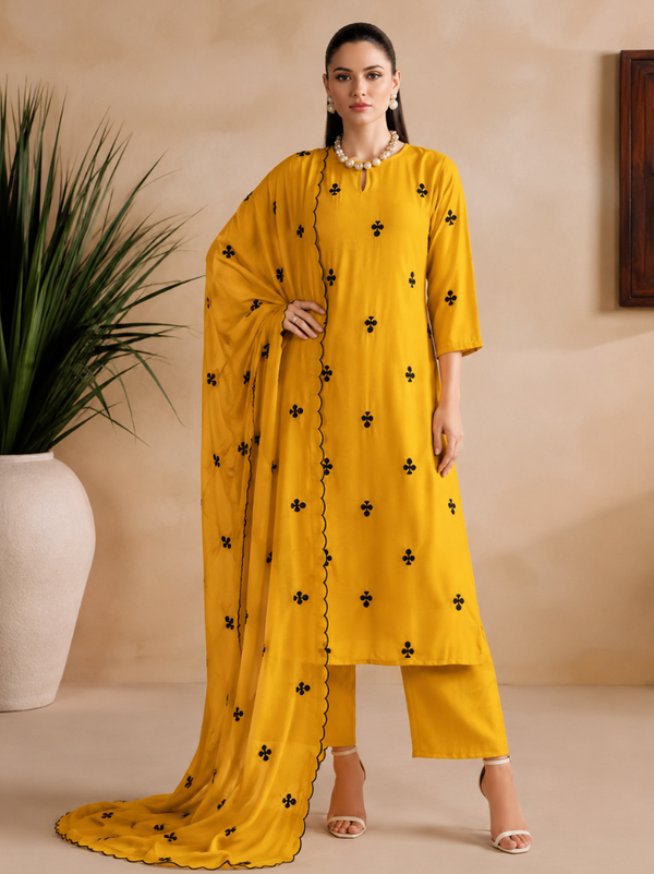Mustard Yellow Embroidered Kurta Pant Set with Dupatta