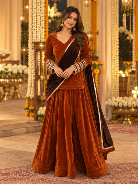 Rust Orange Velvet Lehenga Set with Dark Brown Dupatta (LEHRUSTRAJNI)