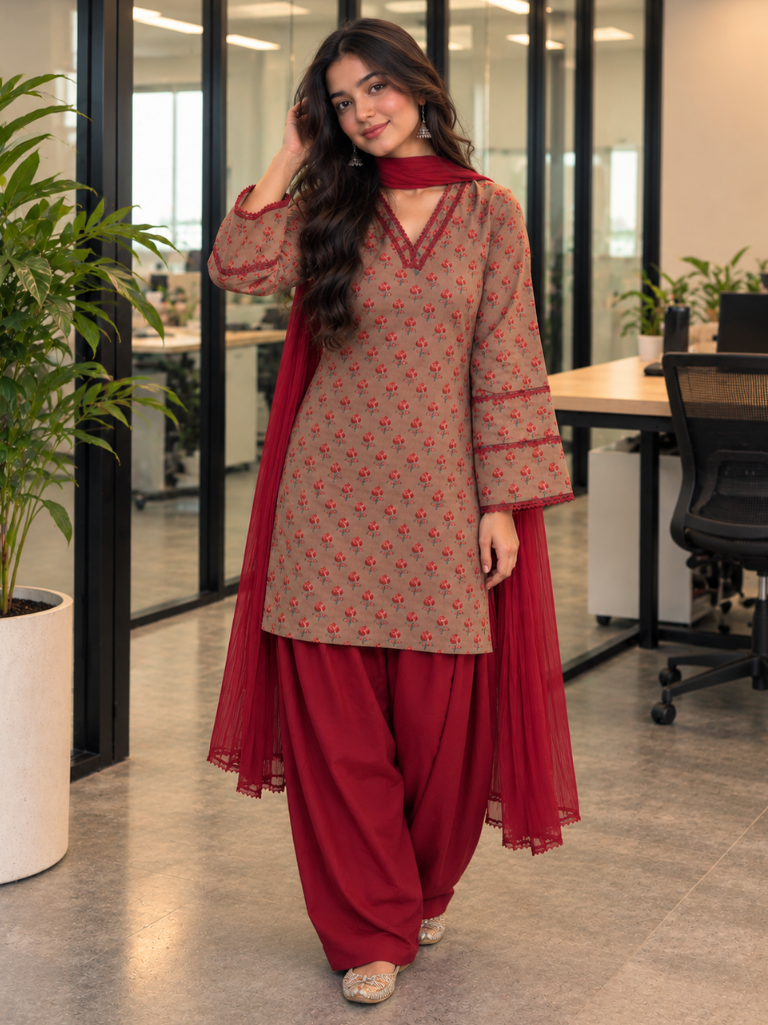 Taupe Floral Cotton Kurta Set with Maroon Rayon Salwar & Chiffon Dupatta (KSDREAPAAR)