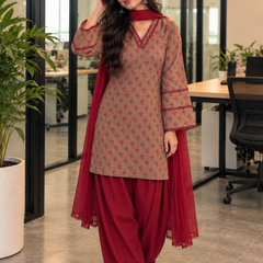 Taupe Floral Cotton Kurta Set with Maroon Rayon Salwar & Chiffon Dupatta (KSDREAPAAR)
