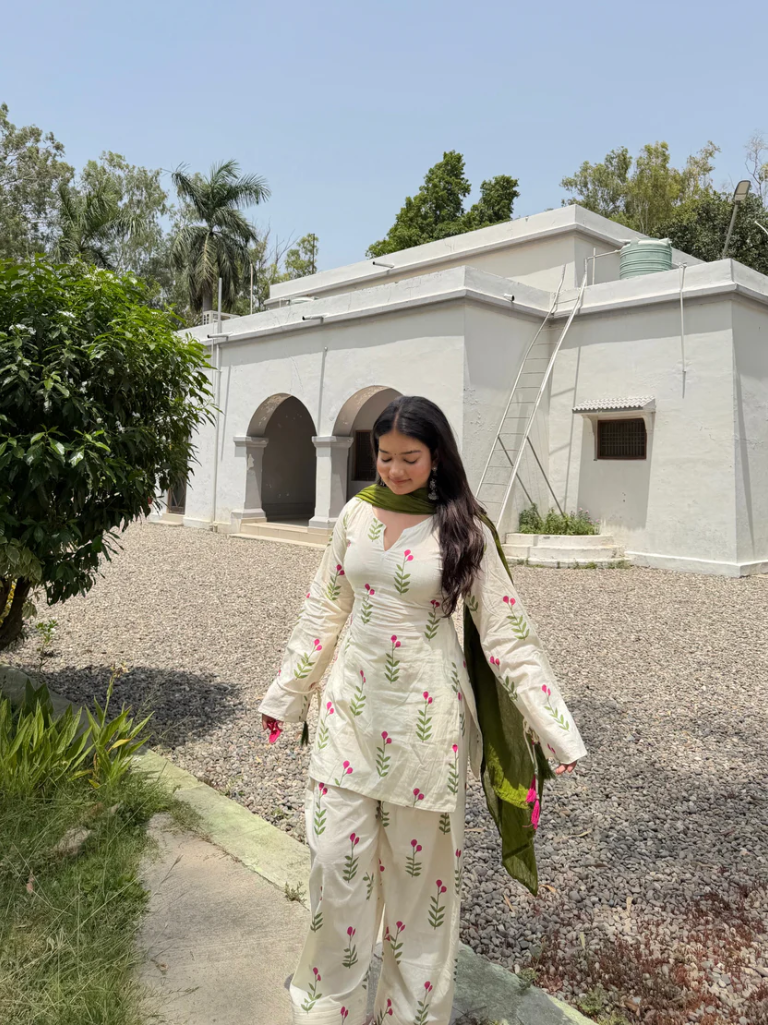 Off White Floral Printed Cotton Kurta Palazzo Set with Olive Green Dupatta