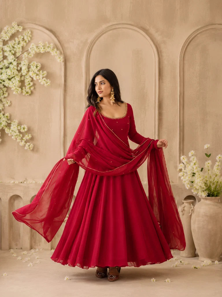 Maroon Embellished Anarkali Suit Set with Dupatta