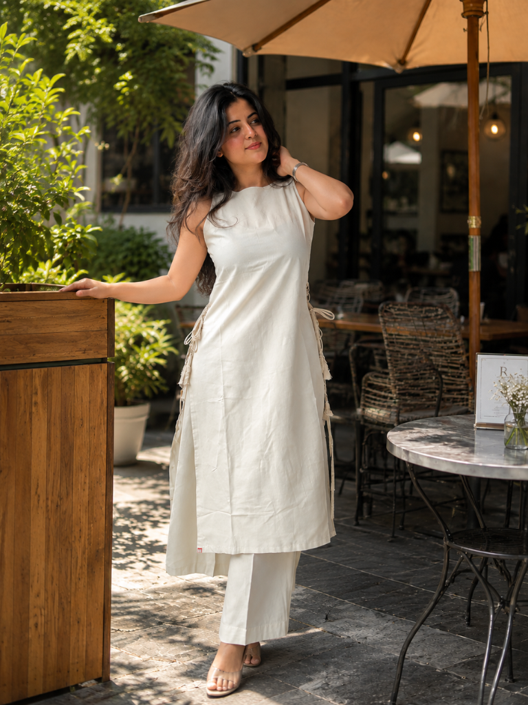 Ivory Solid Cotton Kurta Set for Women