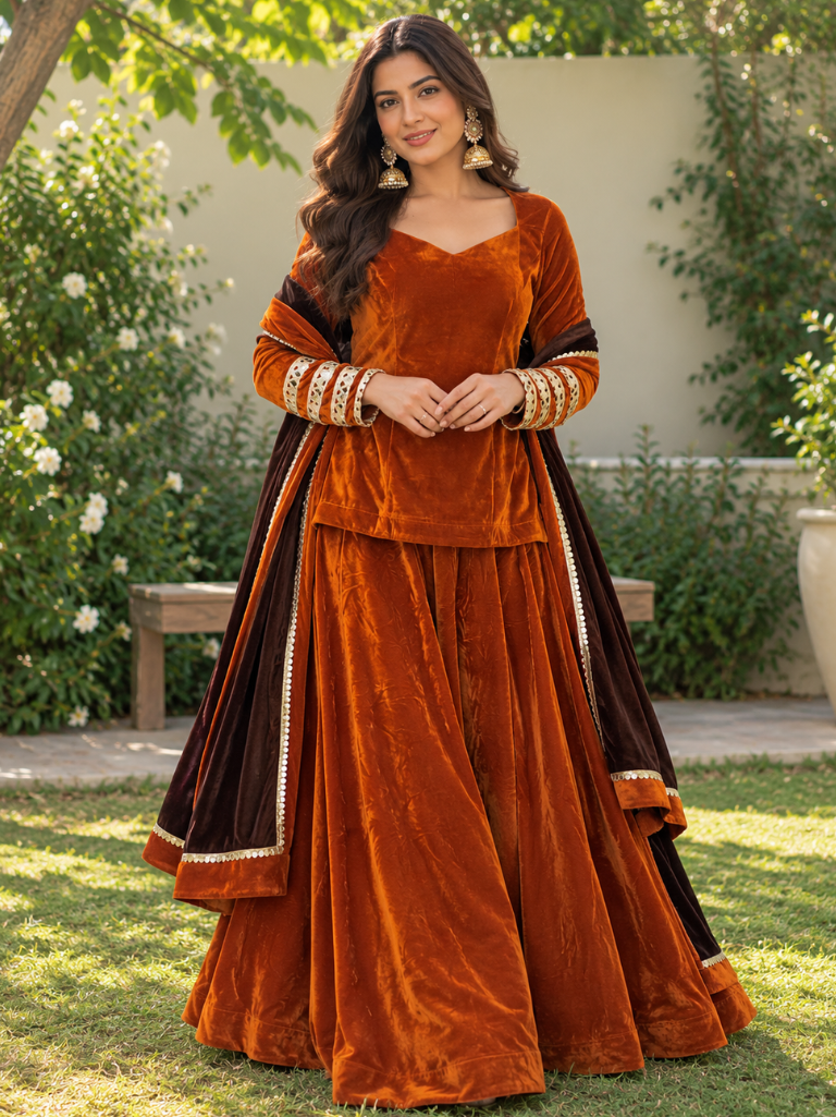Rust Orange Velvet Lehenga Set with Dark Brown Dupatta (LEHRUSTRAJNI)
