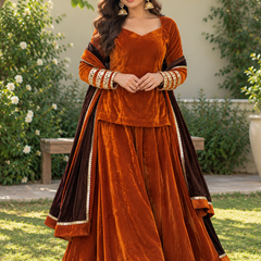 Rust Orange Velvet Lehenga Set with Dark Brown Dupatta (LEHRUSTRAJNI)