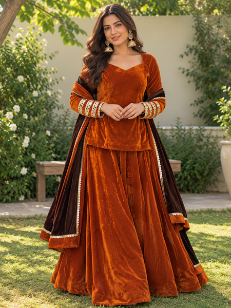 Rust Orange Velvet Lehenga Set with Dark Brown Dupatta (LEHRUSTRAJNI)