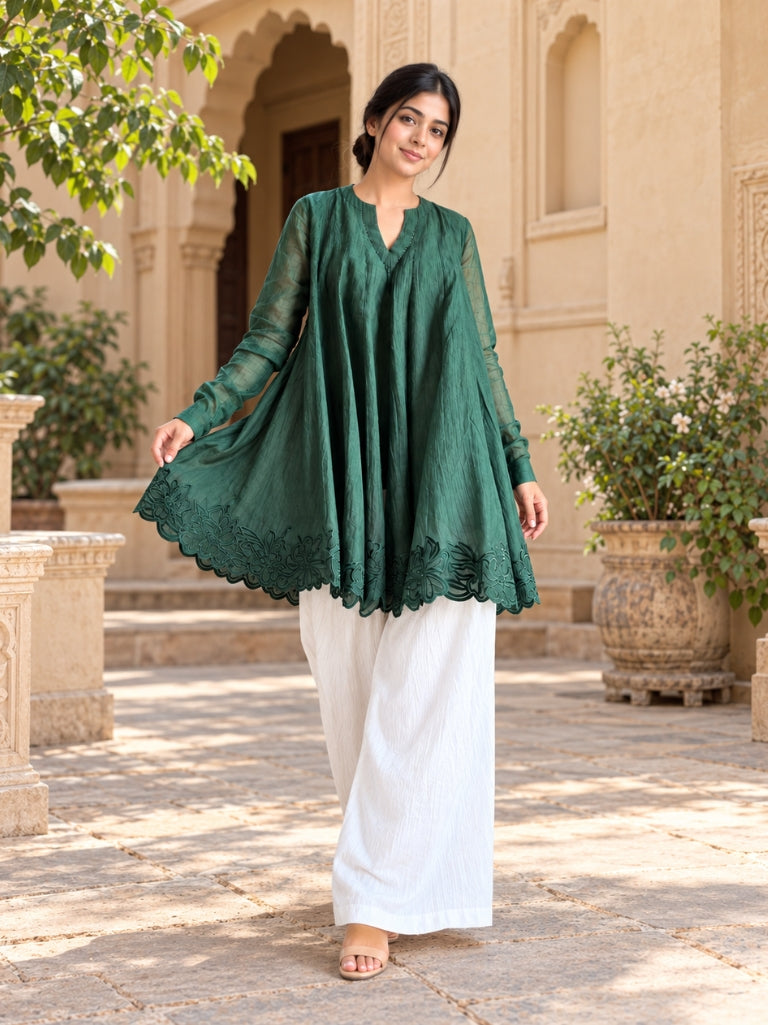 Bottle Green Floral Embroidered Flared Kurta with White Palazzo Pants Set(KSGREENMEETU )