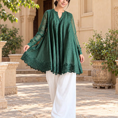 Bottle Green Floral Embroidered Flared Kurta with White Palazzo Pants Set(KSGREENMEETU )