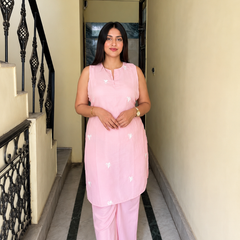 Blush Pink Embroidered Cotton Kurta & Straight Pant Co-Ord Set