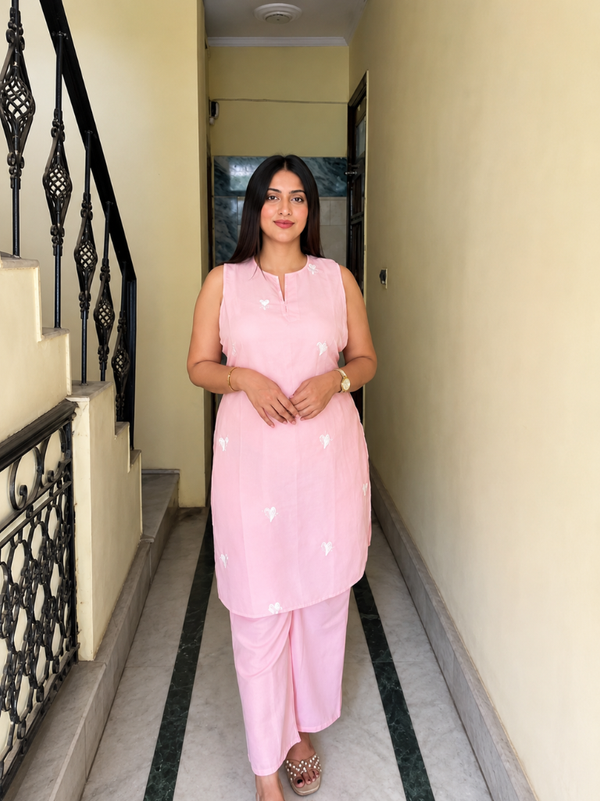 Blush Pink Embroidered Cotton Kurta & Straight Pant Co-Ord Set
