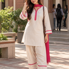 Off-White Cotton Blend Kurta Salwar Set with Hot Pink Chiffon Dupatta (KSDCREAMSWITCH)