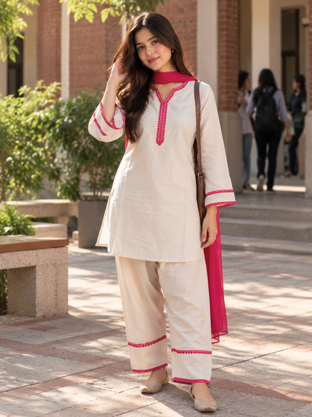 Off-White Cotton Blend Kurta Salwar Set with Hot Pink Chiffon Dupatta (KSDCREAMSWITCH)