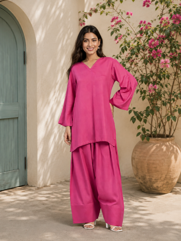 Fuchsia Pink Solid Co-Ord Set for Women
