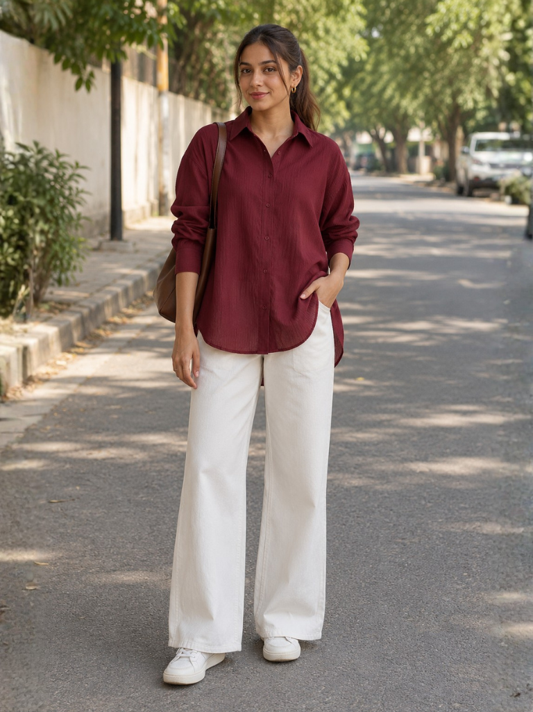 Women’s Maroon Solid Relaxed Fit Full Sleeve Shirt