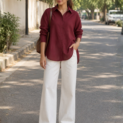 Women’s Maroon Solid Relaxed Fit Full Sleeve Shirt