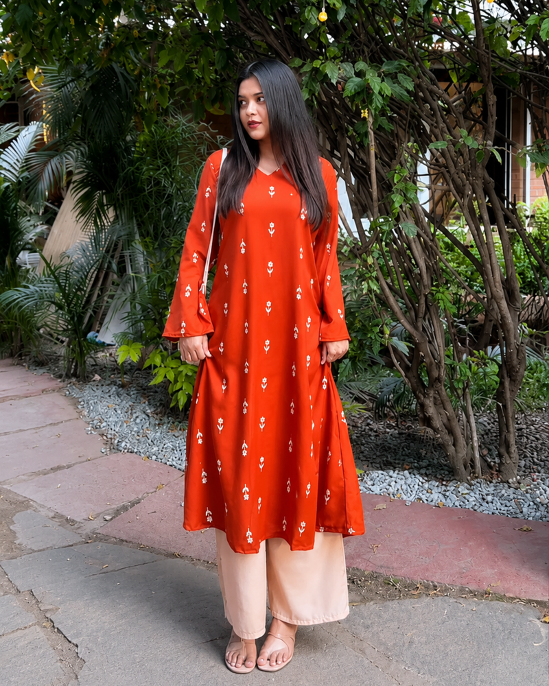 Rust Printed Kurta Set for Women