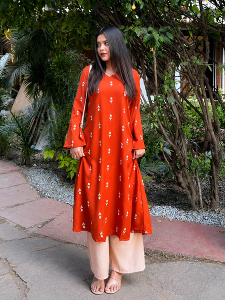 Stylum Women's Rust Ethnic Printed Rayon A-Line Kurta Palazzo Set (KPRUSTHEAT)