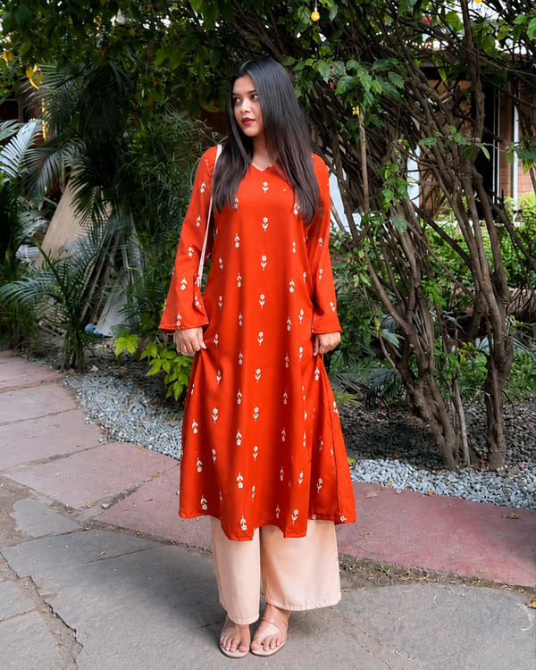 Rust Printed Kurta Set for Women