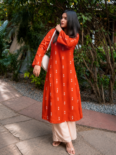 Stylum Women's Rust Ethnic Printed Rayon A-Line Kurta Palazzo Set (KPRUSTHEAT)
