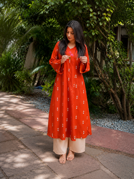 Stylum Women's Rust Ethnic Printed Rayon A-Line Kurta Palazzo Set (KPRUSTHEAT)