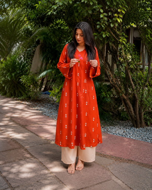 Rust Printed Kurta Set for Women