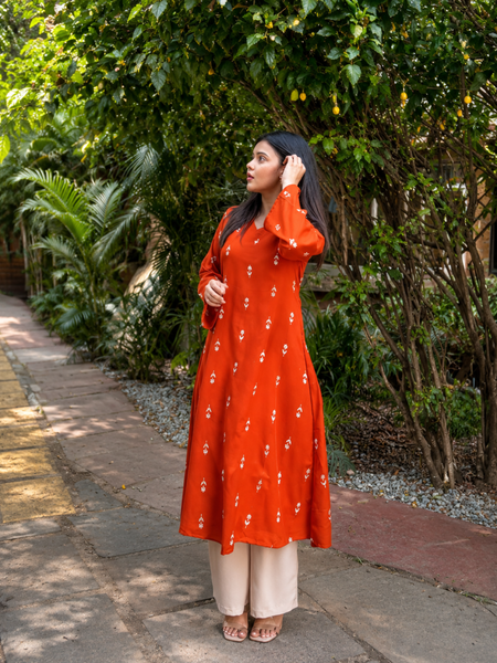 Stylum Women's Rust Ethnic Printed Rayon A-Line Kurta Palazzo Set (KPRUSTHEAT)