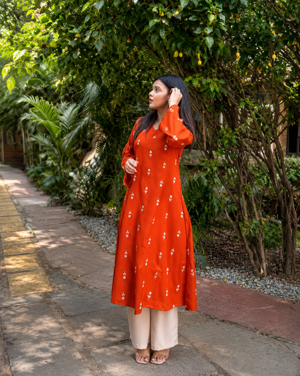 Rust Printed Kurta Set for Women