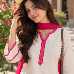 Off-White Cotton Blend Kurta Salwar Set with Hot Pink Chiffon Dupatta (KSDCREAMSWITCH)