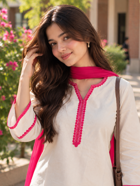 Off-White Cotton Blend Kurta Salwar Set with Hot Pink Chiffon Dupatta (KSDCREAMSWITCH)