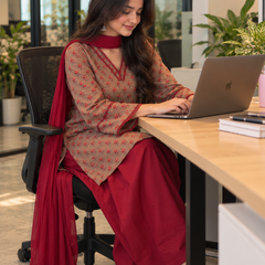 Taupe Floral Cotton Kurta Set with Maroon Rayon Salwar & Chiffon Dupatta (KSDREAPAAR)