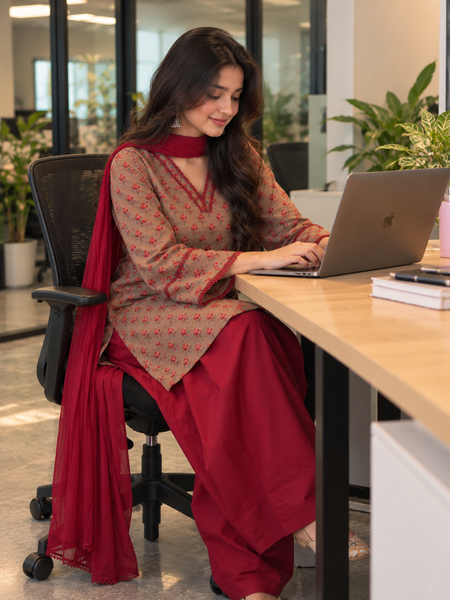 Taupe Floral Cotton Kurta Set with Maroon Rayon Salwar & Chiffon Dupatta (KSDREAPAAR)