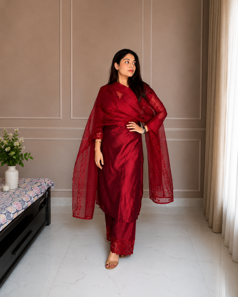 Stylum Women's Embroidered Kurta Set with Sheer Lace Dupatta