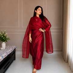 Stylum Women's Embroidered Kurta Set with Sheer Lace Dupatta