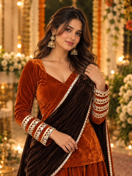 Rust Orange Velvet Lehenga Set with Dark Brown Dupatta (LEHRUSTRAJNI)