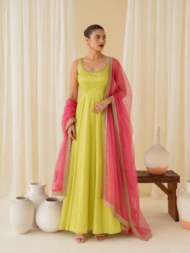 Lime Green Embellished Anarkali Suit Set for Women (KPDGREENMASTANI)
