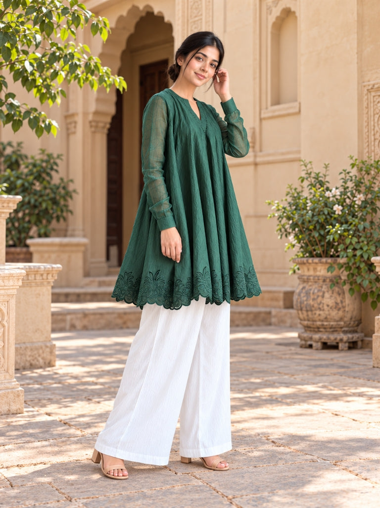 Bottle Green Floral Embroidered Flared Kurta with White Palazzo Pants Set(KSGREENMEETU )