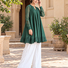 Bottle Green Floral Embroidered Flared Kurta with White Palazzo Pants Set(KSGREENMEETU )