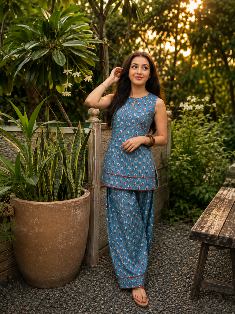 Blue Pure Cotton Printed Round Neck Sleeveless Hip Length Straight Kurta Farshi Salwar And Dupatta Set