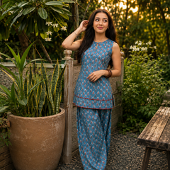 Blue Pure Cotton Printed Round Neck Sleeveless Hip Length Straight Kurta Farshi Salwar And Dupatta Set
