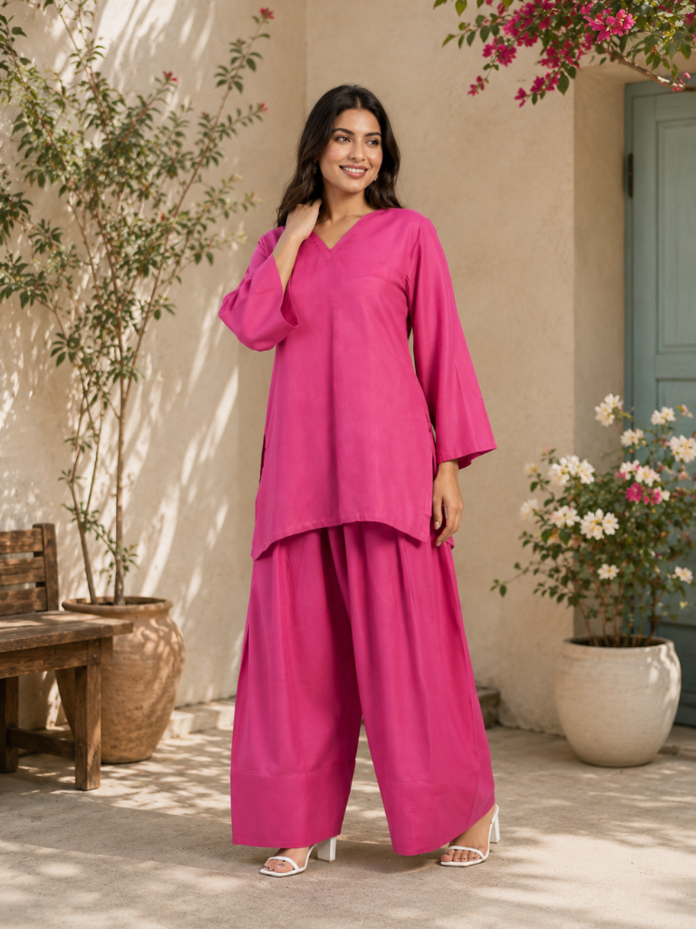 Fuchsia Pink Solid Co-Ord Set for Women