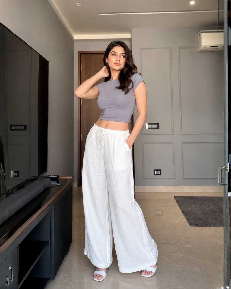 Women's White Linen Blend Wide-Leg Pants with Drawstring Waist & Pockets