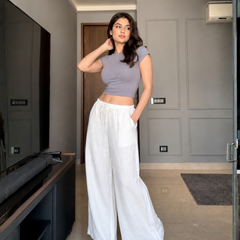 Women's White Linen Blend Wide-Leg Pants with Drawstring Waist & Pockets