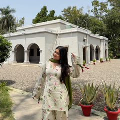 Off White Floral Printed Cotton Kurta Palazzo Set with Olive Green Dupatta